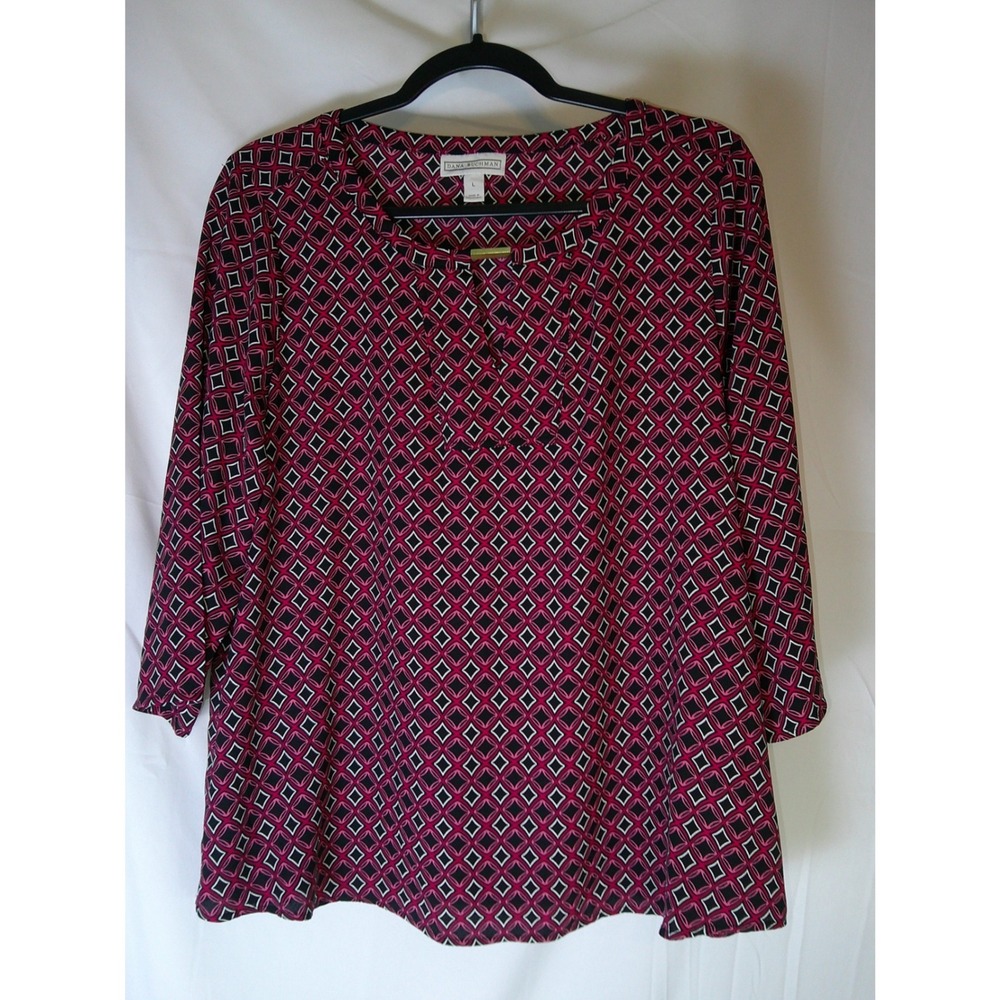 Dana Buchman Womens Magenta‎ Black Geometric Diamond 3/4 Sleeve Blouse Top L